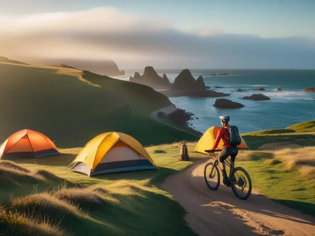 Consejos ciclismo camping Uruguay: Ciclistas recorren la costa, con tiendas de colores y un atardecer dorado de fondo