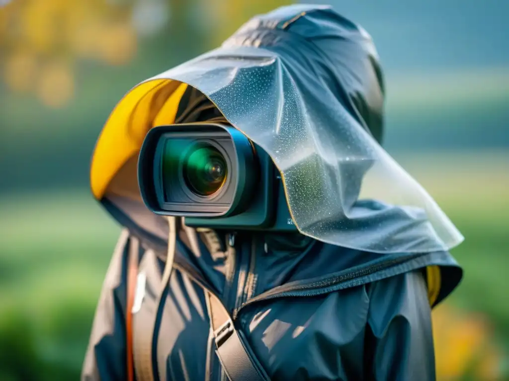 Consejos para proteger tu cámara fotográfica de la lluvia: Detalle de cámara profesional cubierta con protector transparente en una lluvia ligera