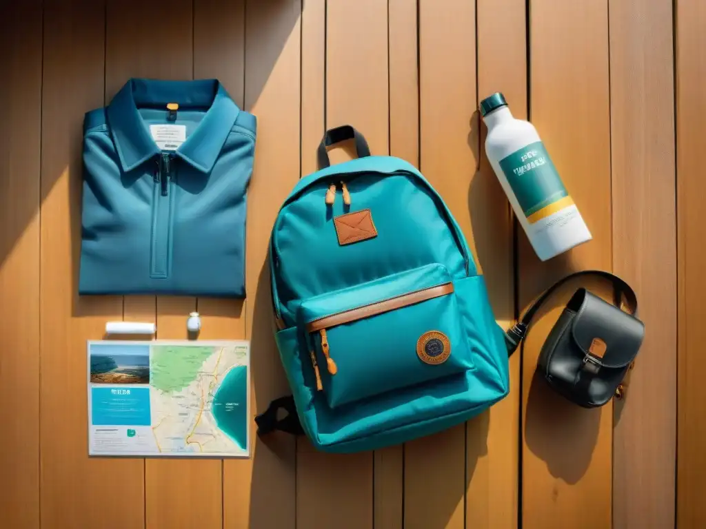 Consejos para una mochila organizada con ropa, mapa de Uruguay y kit de primeros auxilios en la playa de Punta del Este