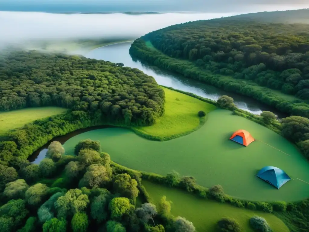 Consejos para planificar rutas de camping en Uruguay: vista aérea de paisaje verde con ríos y bosques, tiendas de colores en camping