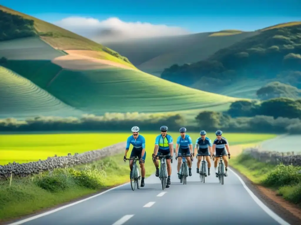 Consejos de seguridad para rutas ciclísticas en Uruguay: Ciclistas pedaleando en fila por un escenario natural con colinas y cielo azul