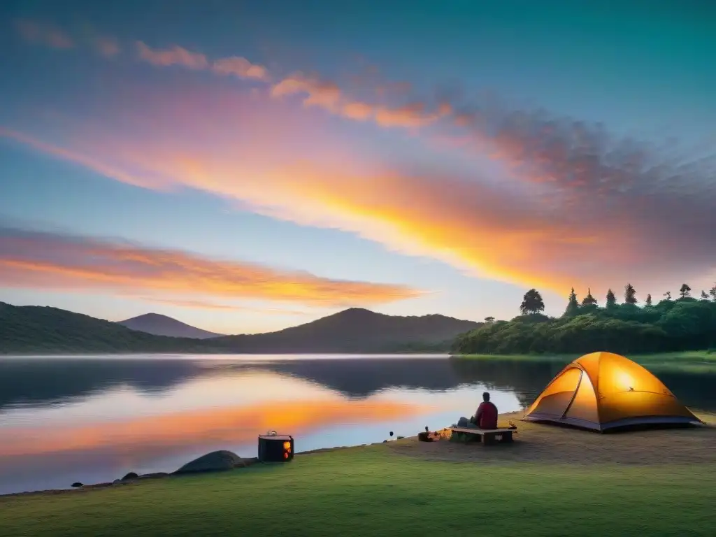 Consejos para acampar seguro cerca del agua en Uruguay: Atardecer tranquilo en el lago, familia acampando y pescador en barca al atardecer