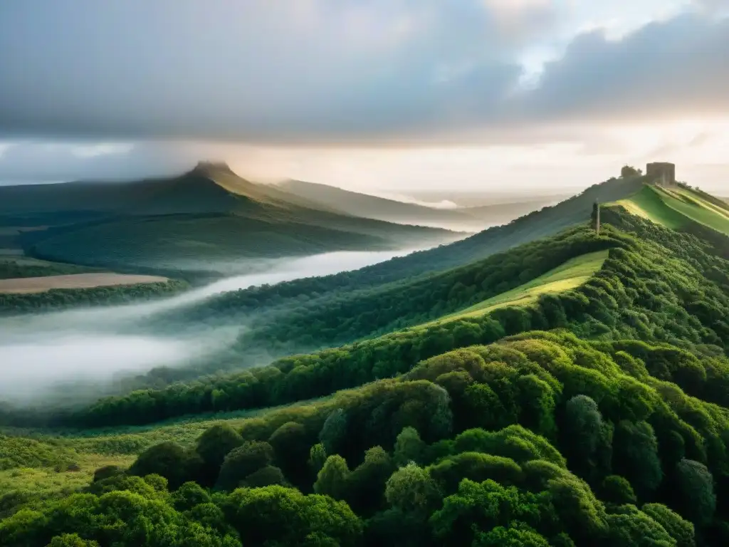 Consejos de supervivencia en Uruguay: paisaje agreste y vasto con ríos, bosques y colinas, bajo un cielo dramático