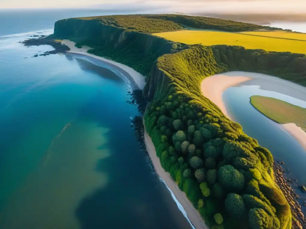 Explora la costa de Uruguay al atardecer desde un dron con configuraciones de cámara para drones Uruguay, capturando la belleza natural