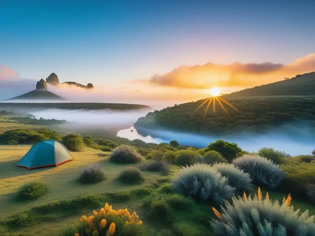 Costo acampar en Uruguay: joyas naturales en un campamento sereno entre exuberante vegetación, con el sol poniéndose al fondo