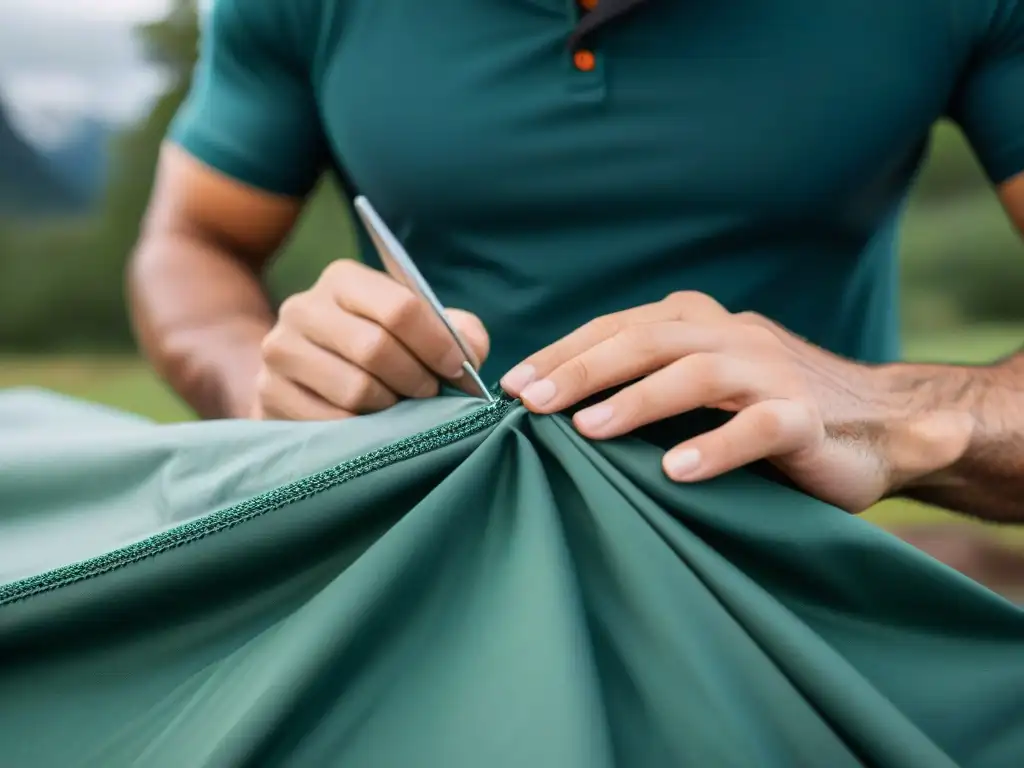 Reforzando costuras de tienda de campaña con hilo de nylon para mayor durabilidad