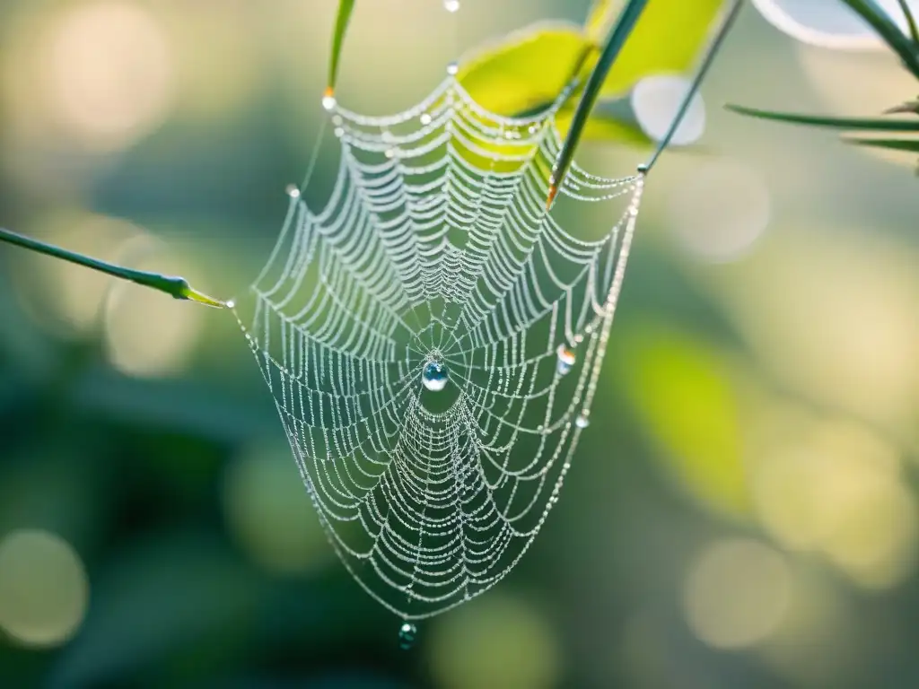 Spider web cubierta de rocío en la suave luz matutina de un camping