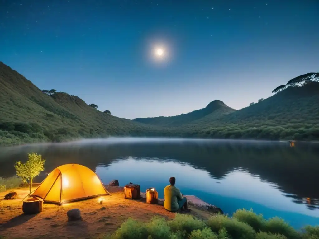 Fotografía de acampar cerca de un cuerpo de agua en Uruguay, con una escena serena y mágica bajo el cielo estrellado