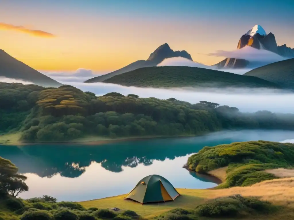 Fotografía de acampar cerca de cuerpos de agua en Uruguay al atardecer, con vibrante flora y un solitario campista