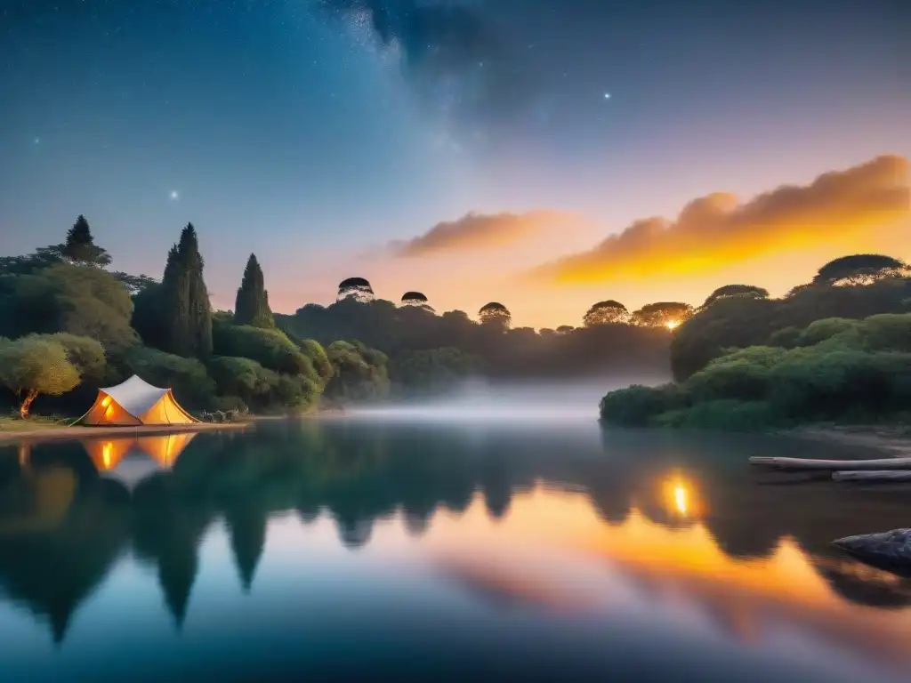 Fotografía de acampar cerca de cuerpos de agua en Uruguay: campamento sereno junto a lago brillante al atardecer