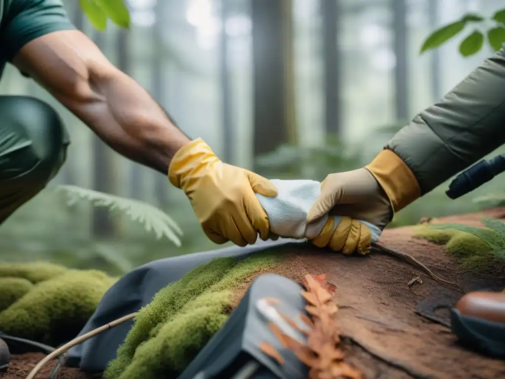 Cuidadosa curación de herida en senderista en el bosque, resaltando la importancia de evitar errores comunes en primeros auxilios en camping