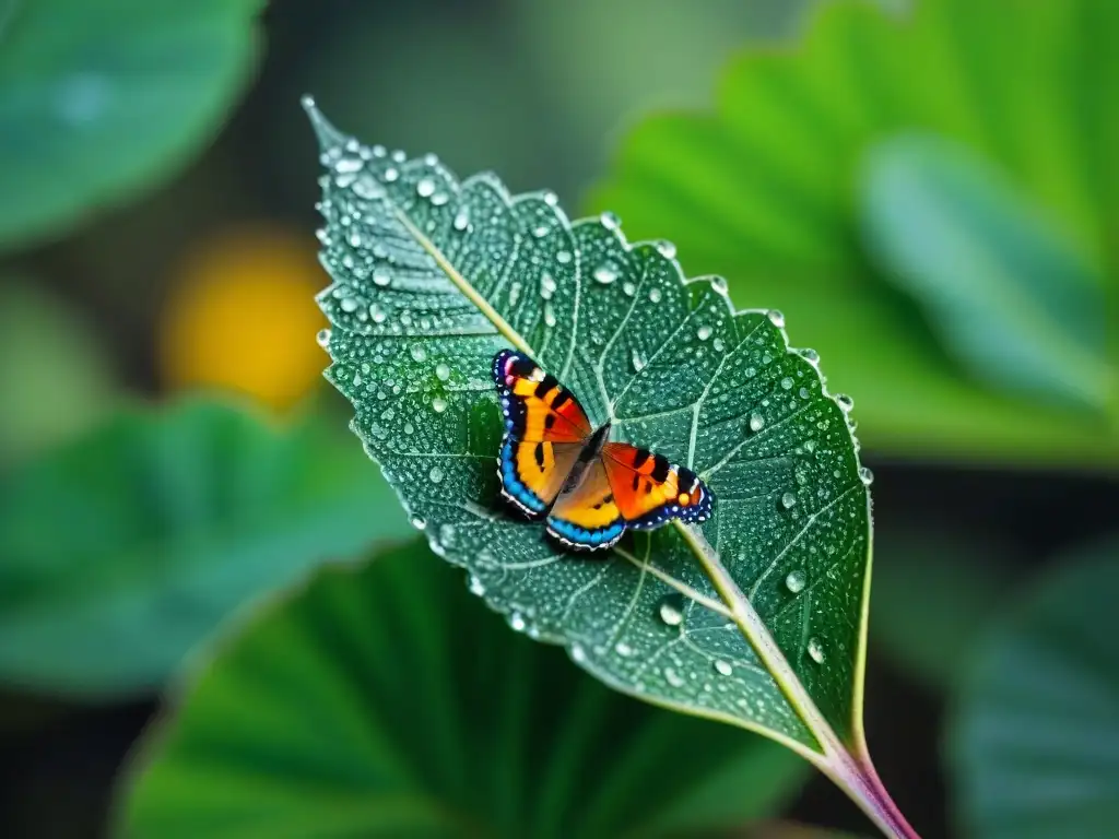 La delicada armonía de una hoja verde con gotas de rocío y una mariposa, en Áreas de conservación ricas en biodiversidad Uruguay