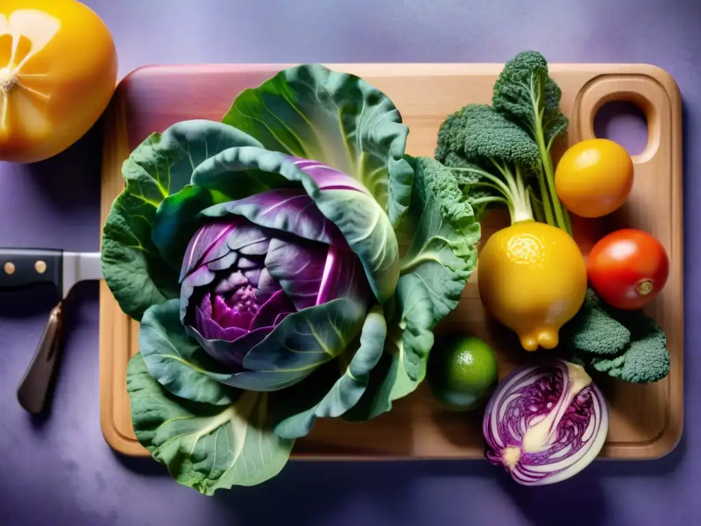 Delicada escena de corte en tabla de madera con vegetales y frutas coloridas