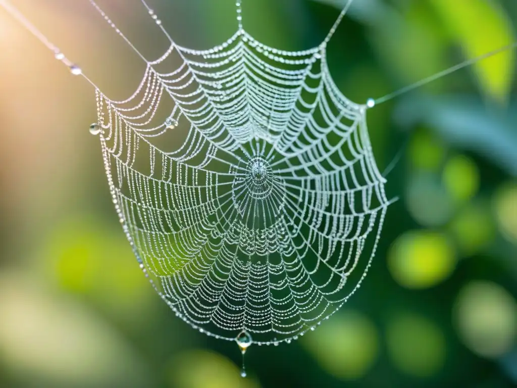 Delicada telaraña cubierta de rocío, con patrón intrincado y gotas de agua brillantes, con una pequeña araña en el centro