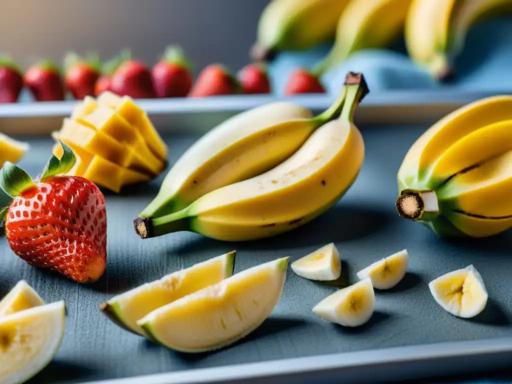 Delicadas frutas deshidratadas brillando bajo cálida luz, listas para camping en Uruguay