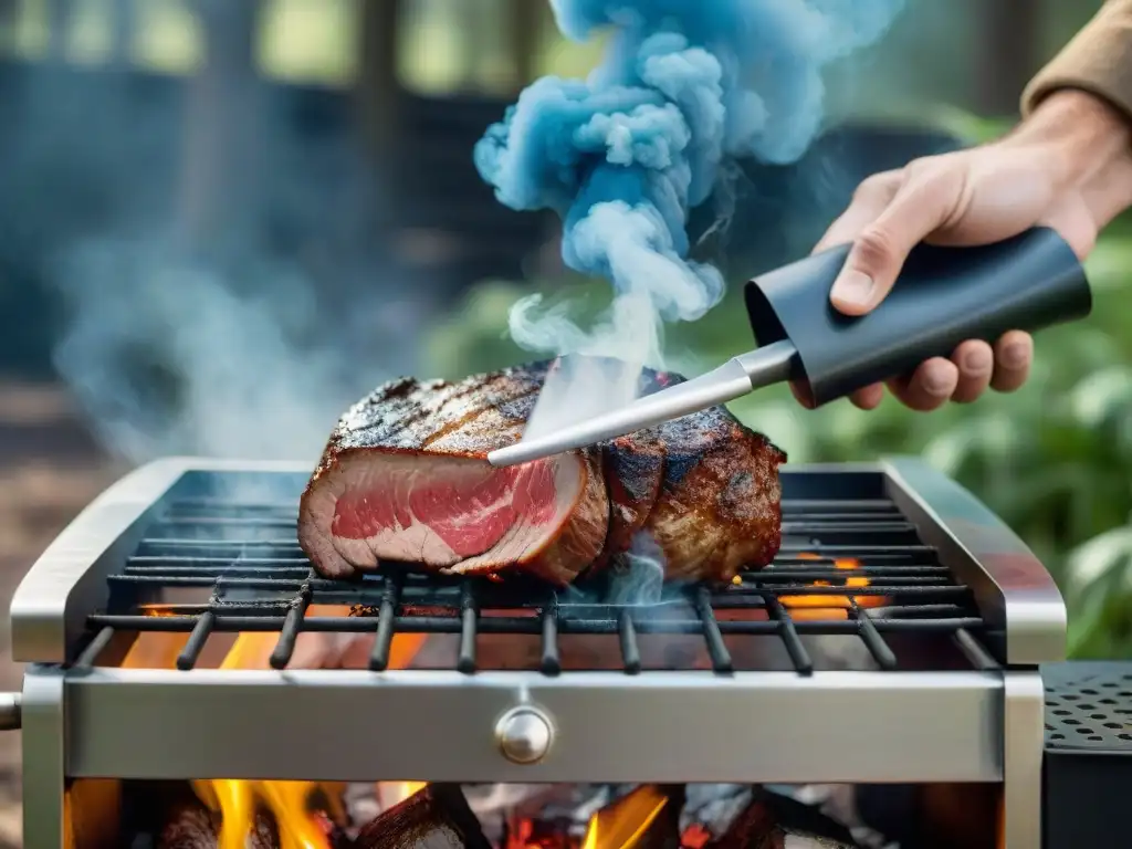 Delicado corte de carne en la parrilla humeante, sumergido en la naturaleza uruguaya