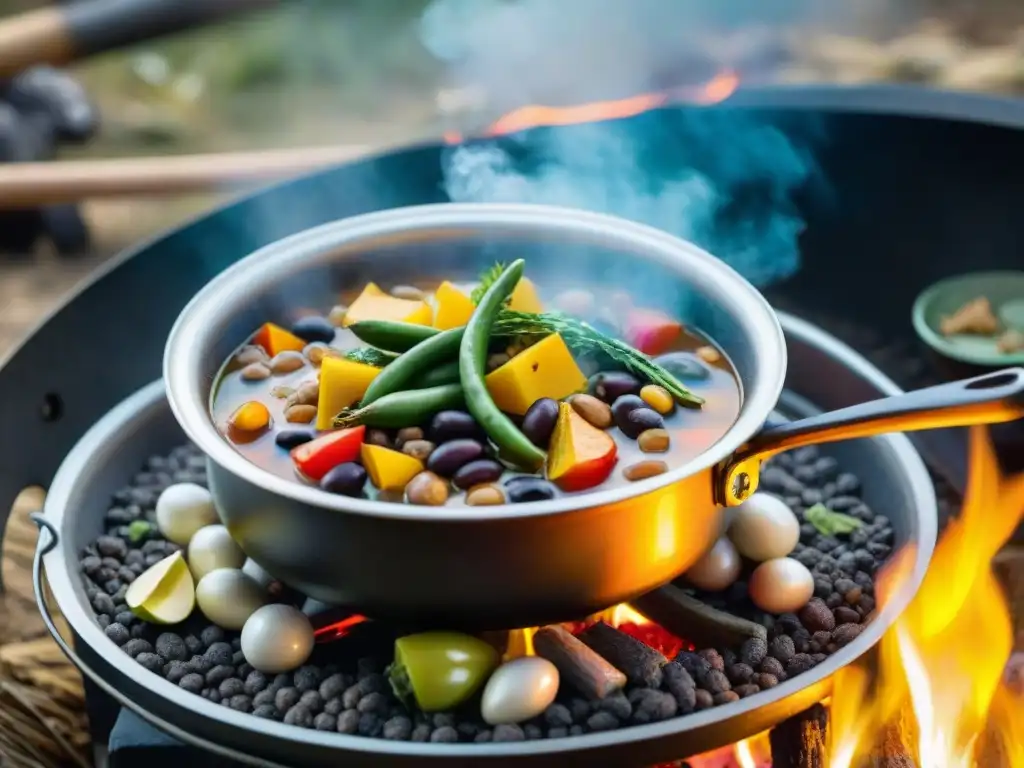 Deliciosa cazuela de lentejas al disco cocinando a fuego abierto en un campamento, ¡ideal para Recetas de cazuela de lentejas!