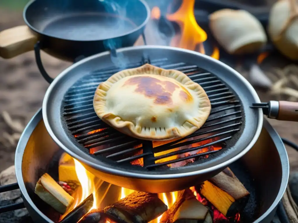 Deliciosa empanada uruguaya dorada cocinándose en disco de camping, con ambiente rústico y humeante