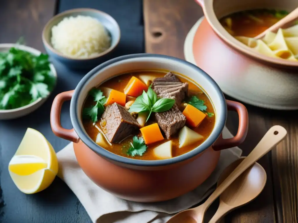 Sabrosa sopa de mondongo uruguaya en olla de barro Deliciosa sopa de mondongo uruguaya en olla de barro, ilustrando el calor y sabor de las Recetas de sopas y guisos