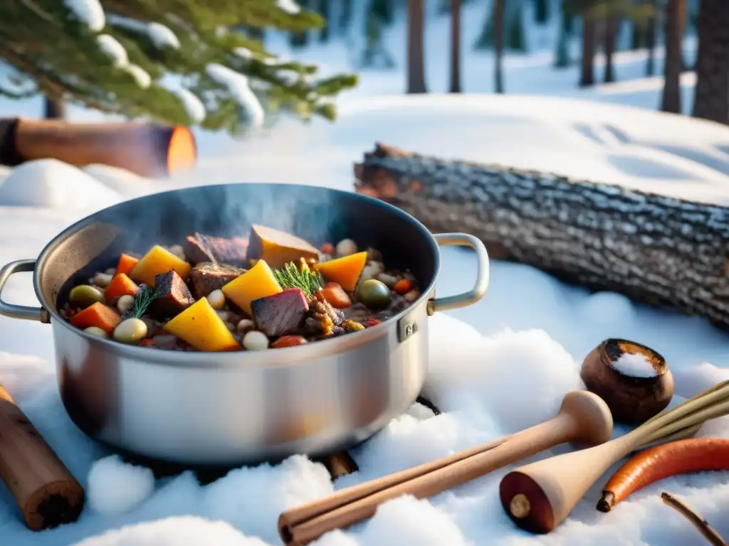 Deliciosa receta cocina campamento invierno: olla humeante con estofado rodeada de pinos nevados