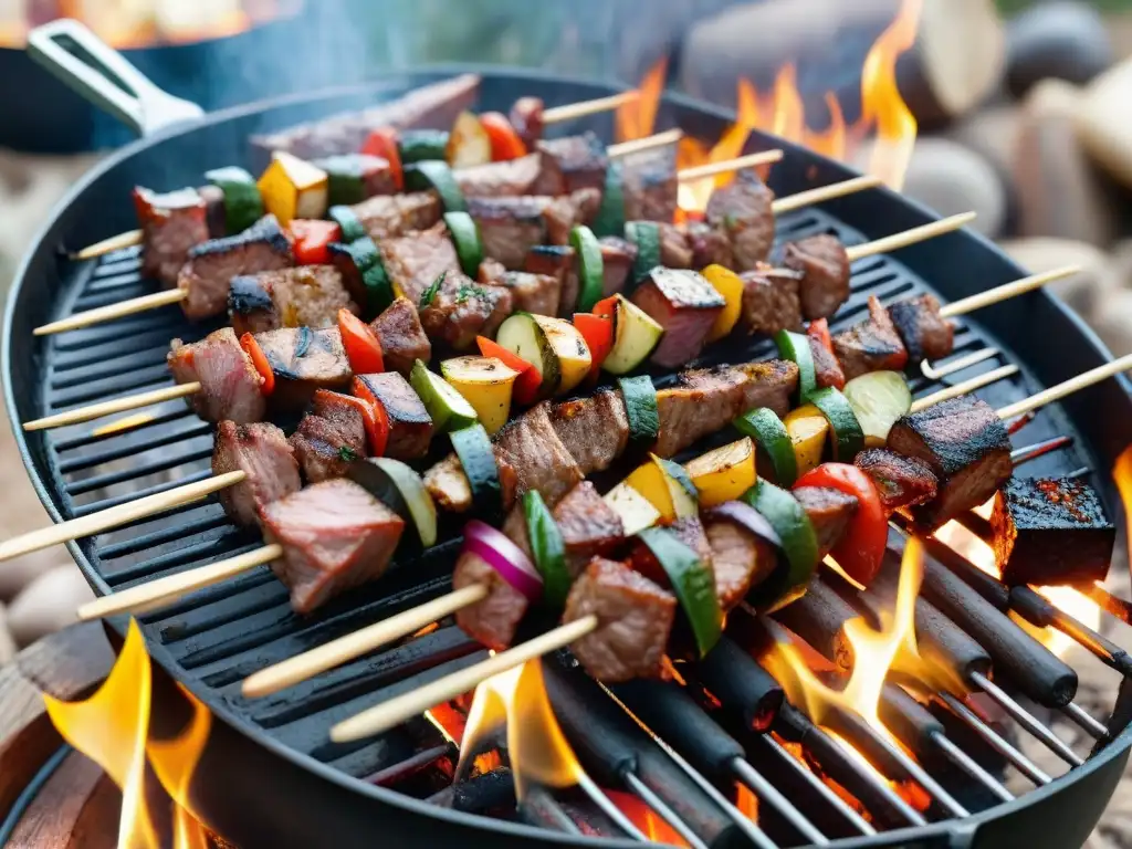 Deliciosas variedades de carnes y vegetales marinados listos para la parrilla en un campamento