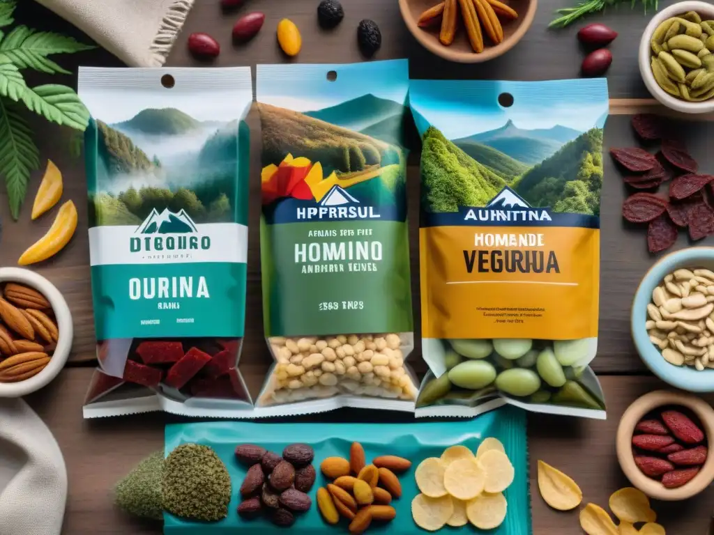 Deliciosos snacks deshidratados para camping en Uruguay, sobre mesa rústica frente a un bosque verde