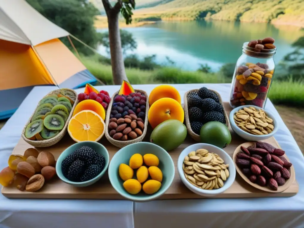 Deliciosos snacks deshidratados para camping en Uruguay, sobre una mesa rústica con frutas, nueces y jerky coloridos en tazones y cestas