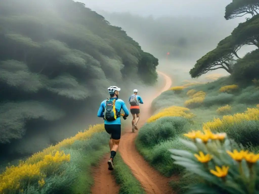 Deporte y aventura en Uruguay: Atletas compitiendo en una carrera de orientación en paisajes naturales impresionantes