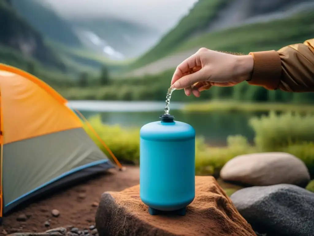 Depuración de agua en camping: Detalle de filtro portátil purificando agua en entorno natural de acampada