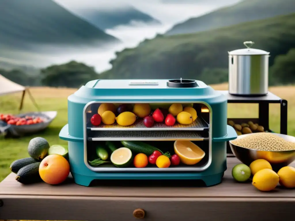 Deshidratador de alimentos en acción, preparando snacks para camping en Uruguay