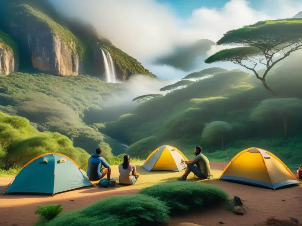 Fotografía detallada de campamento en Parque Nacional Rocha con diversidad de campistas disfrutando de la naturaleza