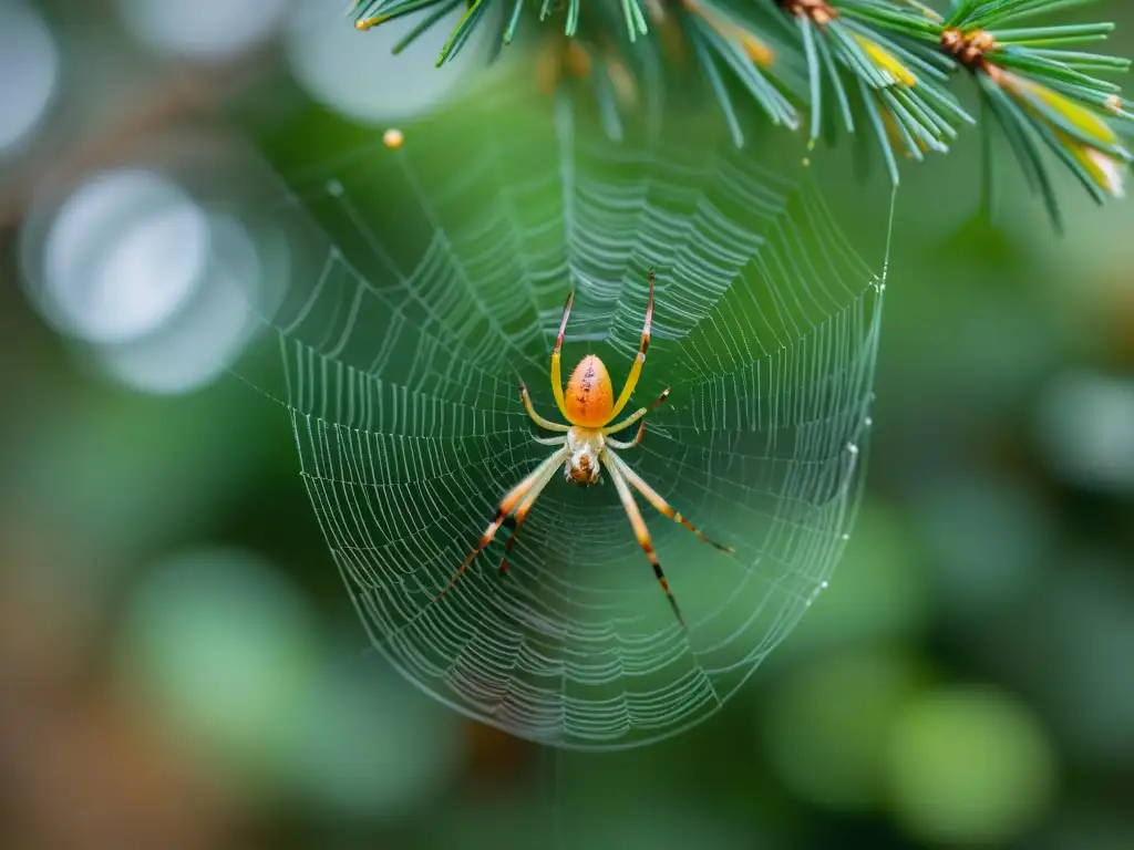 Detallada imagen de una araña tejiendo su tela entre ramas de pino en un camping