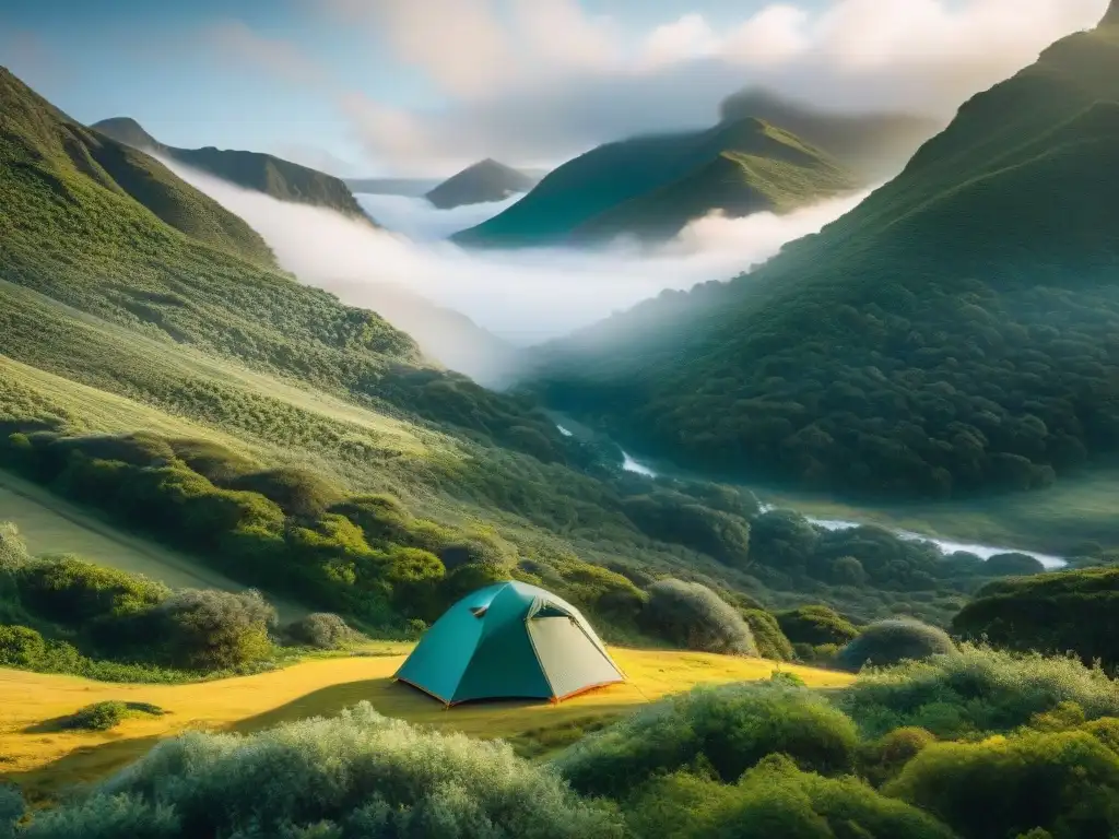 Detallada pintura de un artista uruguayo muestra un sereno campamento en la exuberante naturaleza de Uruguay, evocando belleza y tranquilidad