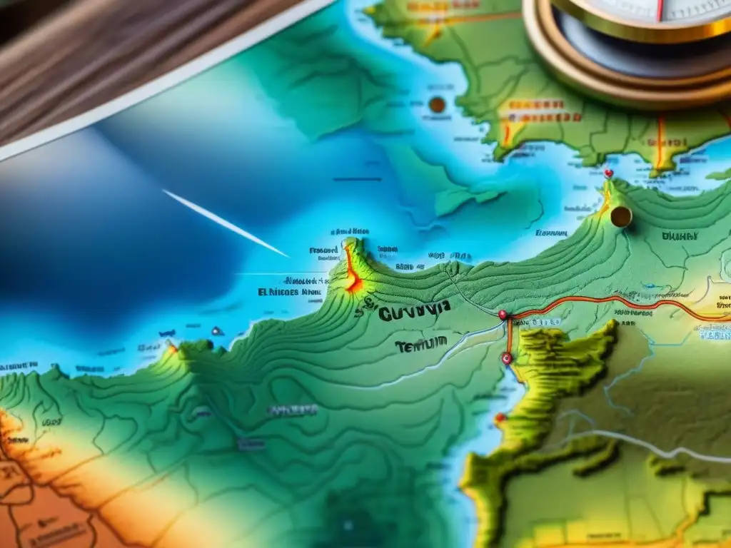 Un detallado mapa topográfico de Uruguay con brújula y lupa, ideal para camping