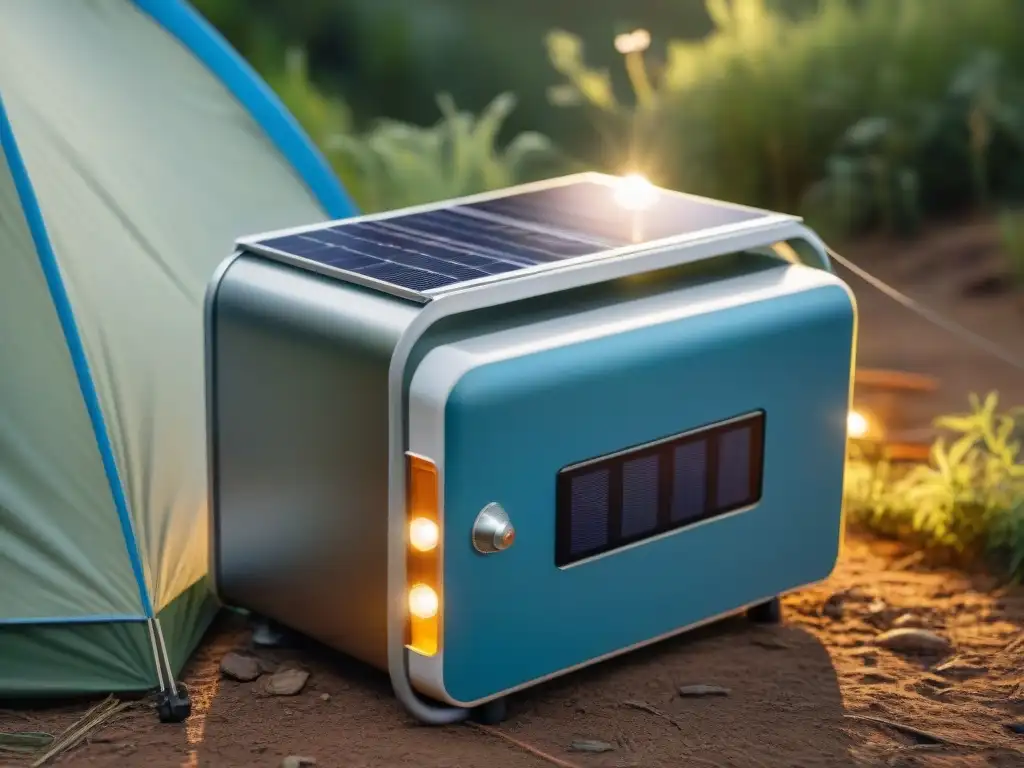 Detallado mini refrigerador DIY camping Uruguay con panel solar y ventilador en entorno natural sereno