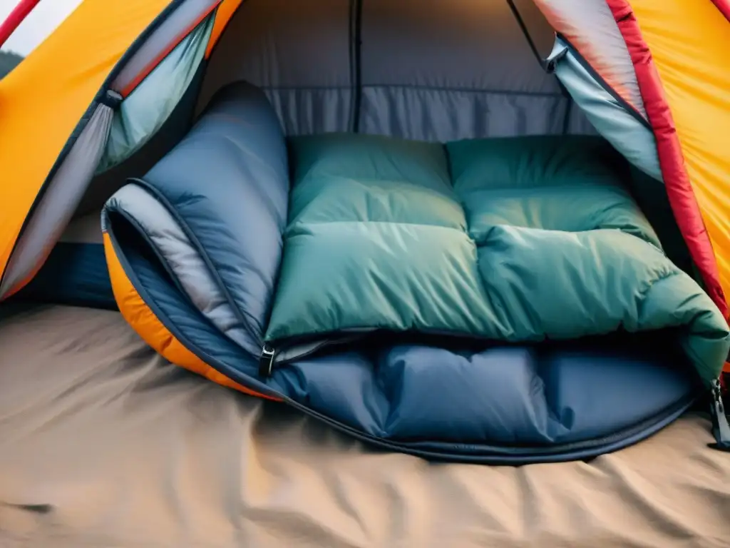 Detalle de alta calidad de un saco de dormir descomprimido, listo para usar en camping