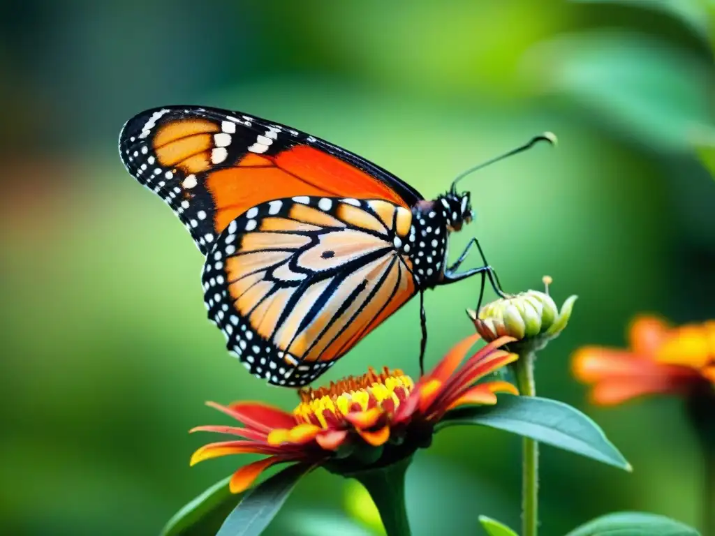 Detalle asombroso: Mariposa Monarca bebiendo néctar de flor zinnia naranja