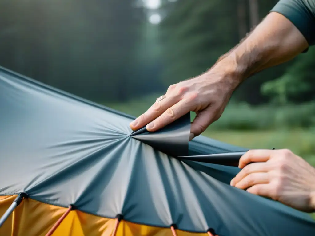 Detalle del cuidado tienda campaña alta gama: mano aplicando sellador impermeable con precisión y dedicación