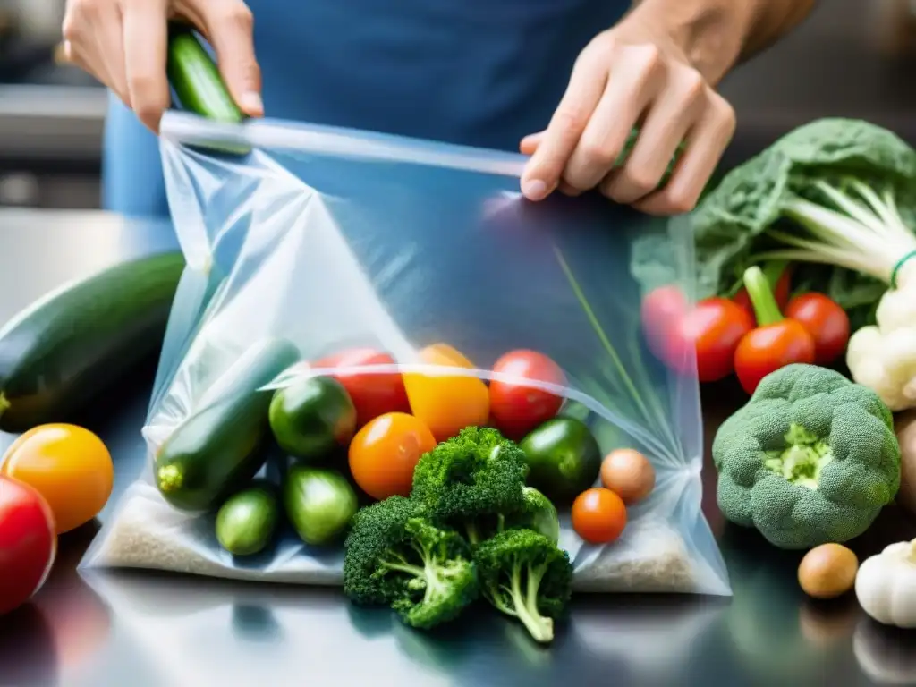 Detalle de envasado al vacío de verduras frescas en camping