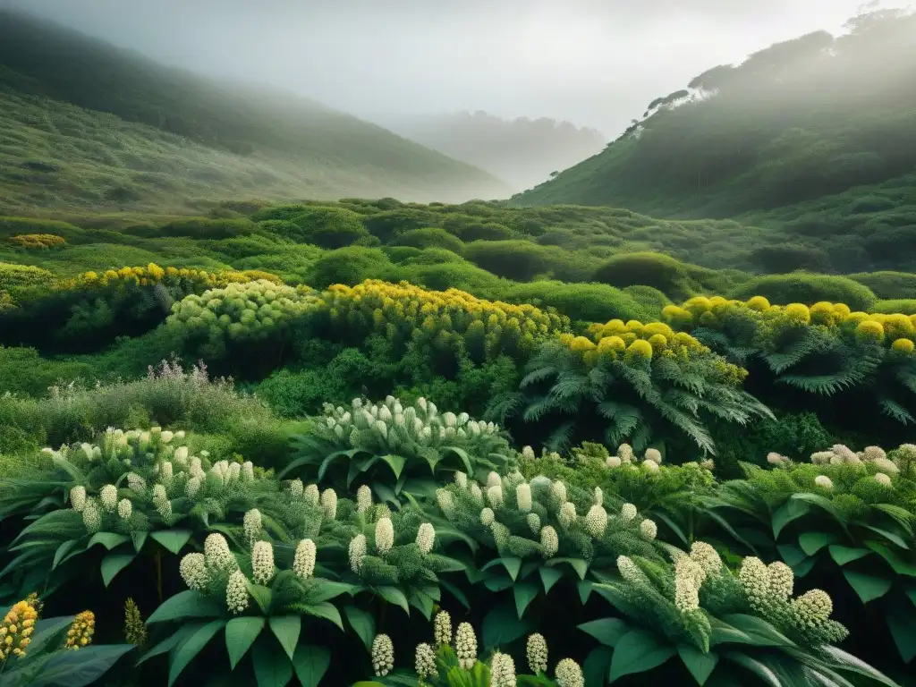 Detalle exuberante de plantas nativas en Uruguay, incluyendo especies tóxicas como Digitalis purpurea y Nerium oleander