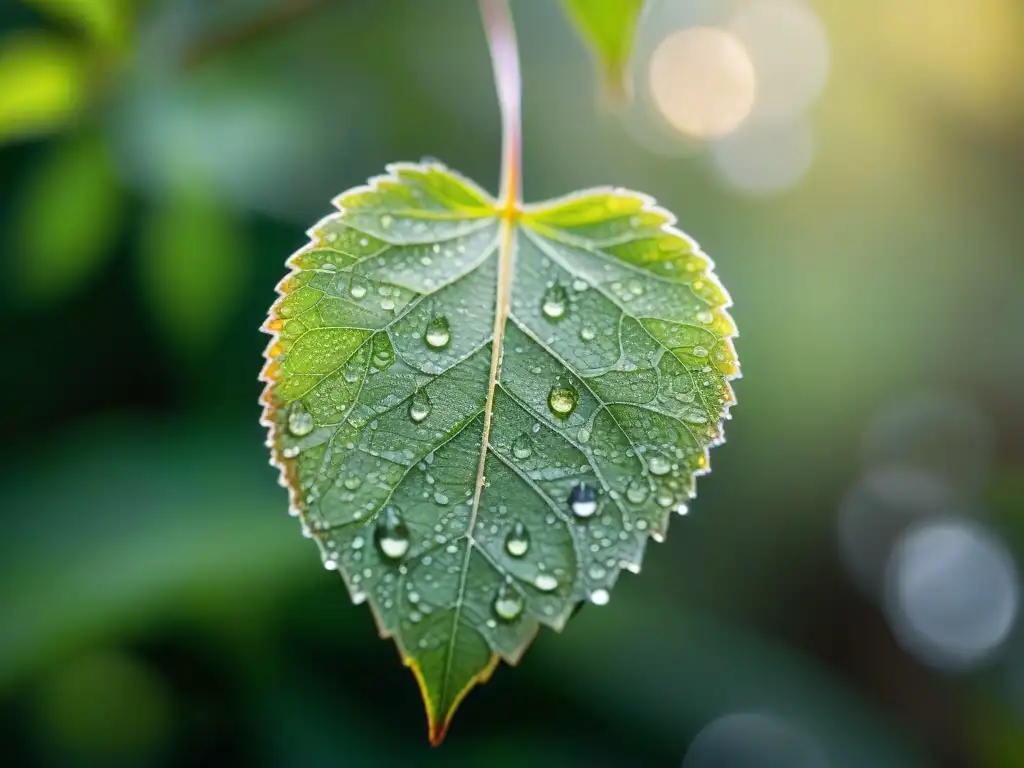 Detalle fascinante de hoja verde con rocío, luz filtrada entre ramas crea atmósfera serena