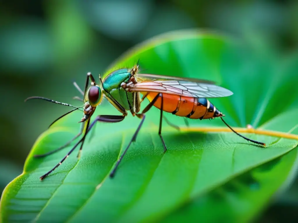 Detalle fascinante de un mosquito verde en una hoja en la selva