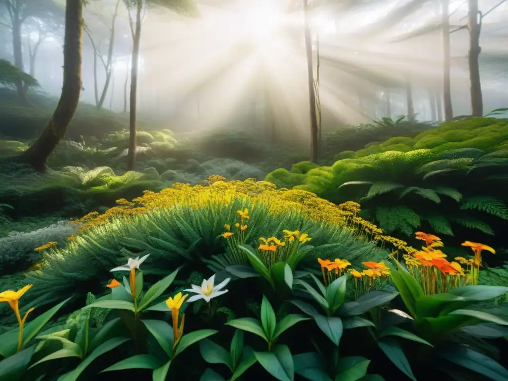 Detalle de flores nativas en un bosque verde de Uruguay