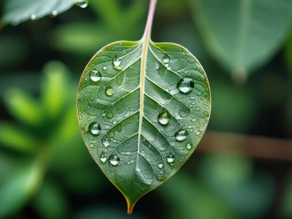 Un detalle de una hoja verde brillante cubierta de gotas de agua, bajo la luz del bosque de Uruguay