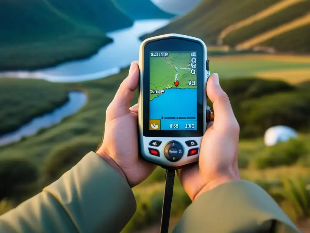 Detalle de mano de excursionista sosteniendo GPS de mano de alta gama en paisaje de Uruguay