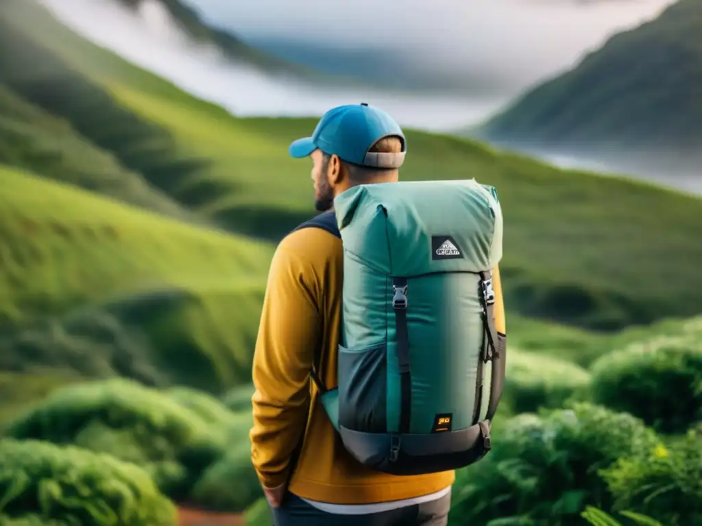 Detalle de mochila ultraligera en camping en Uruguay entre exuberante vegetación