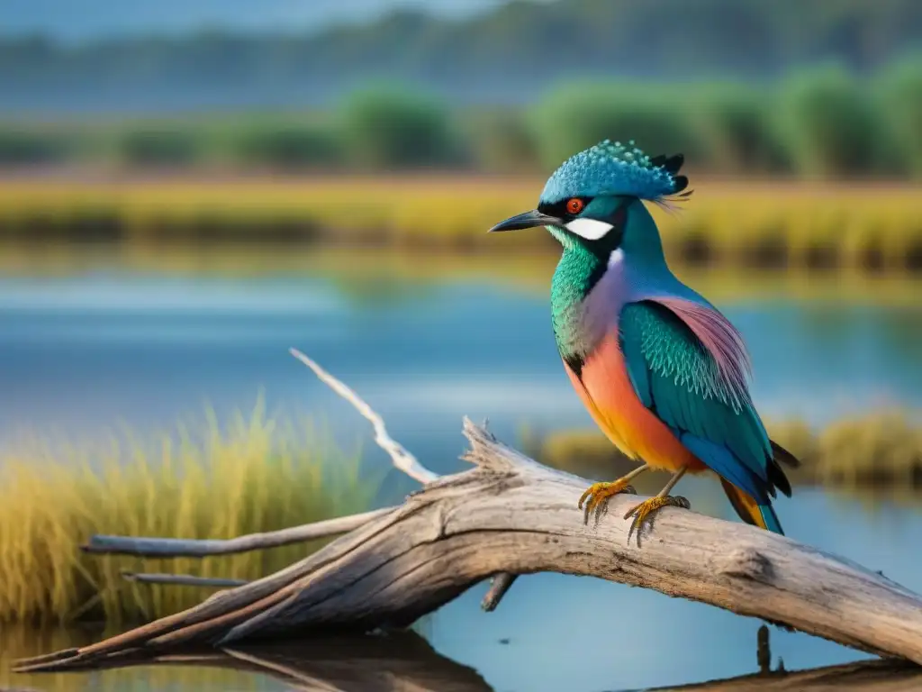 Detalle plumaje colorido de un Tero en rama, Laguna de Rocha al amanecer