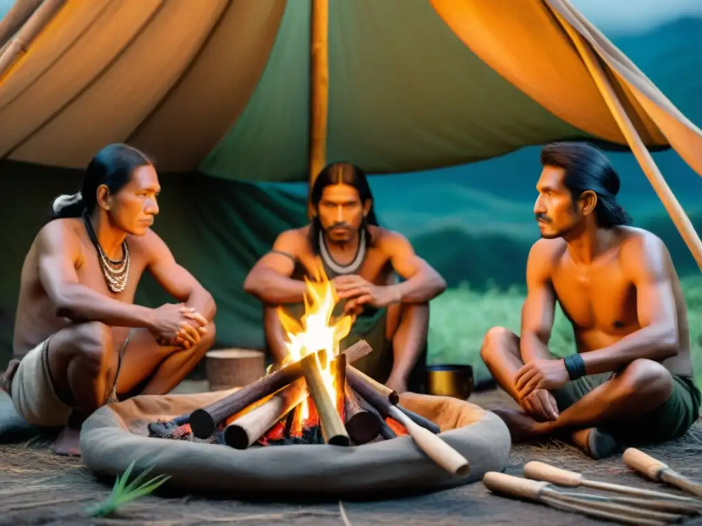 Detalle de técnicas ancestrales de camping en Uruguay, con indígenas demostrando sabiduría ancestral y habilidades de supervivencia