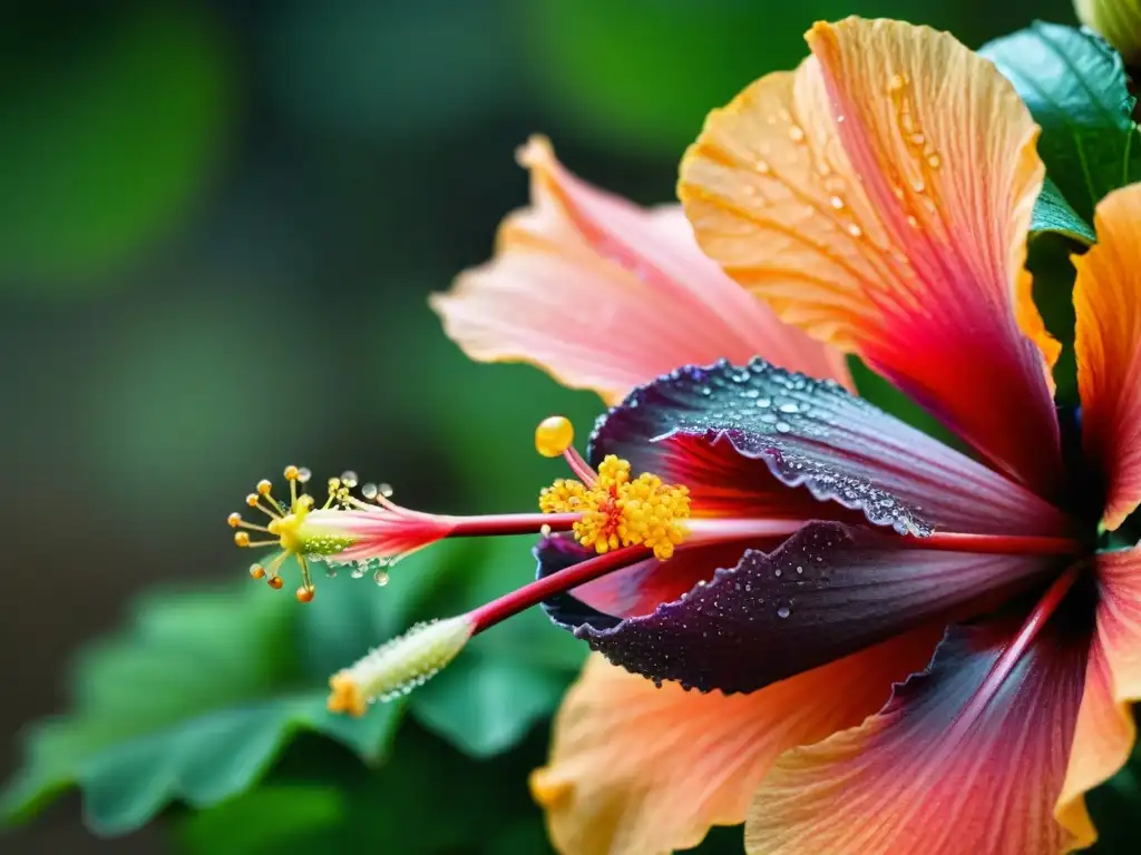 Detalle vívido de un pistilo de Hibiscus en floración con gotas de agua, destacando la belleza de la flora uruguaya en macrofotografía