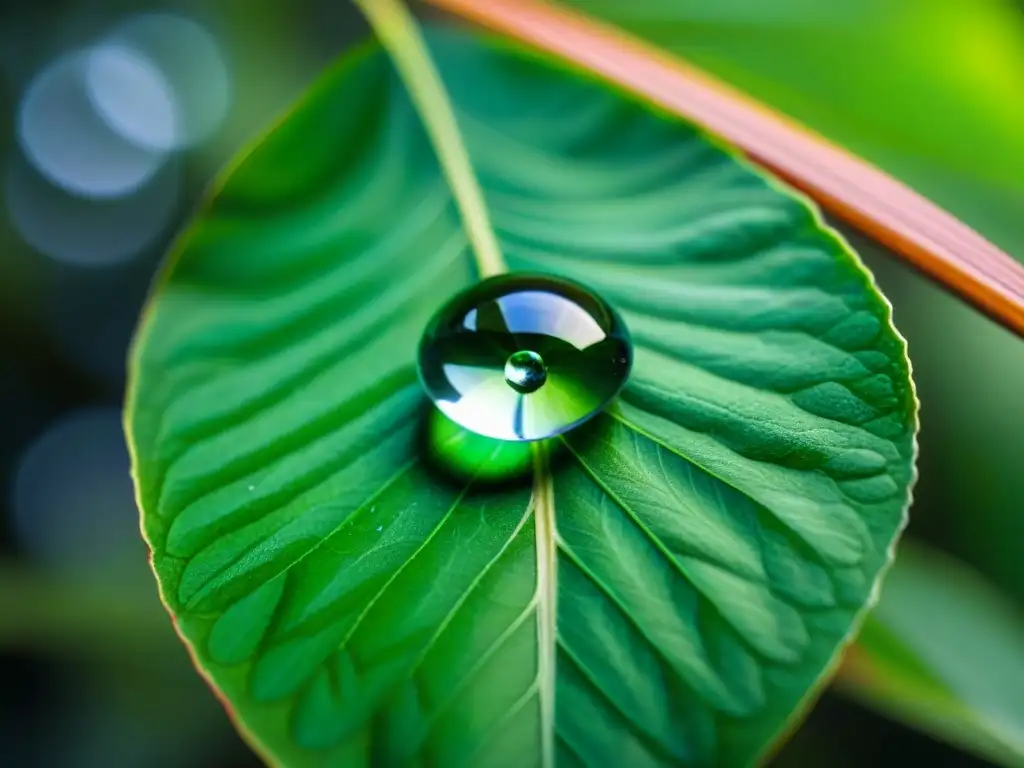 Detalles asombrosos de una gota de agua pura en una hoja verde, resaltando técnicas de purificación de agua en la naturaleza